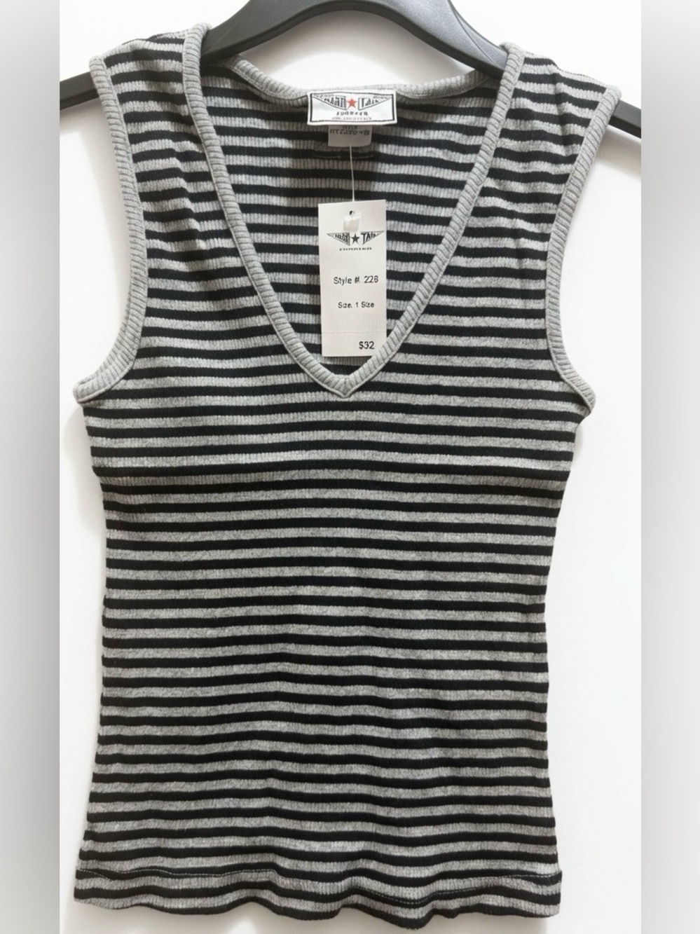 Hard Tail Forever Striped V-Neck Tank Top One Size All Black Gray New